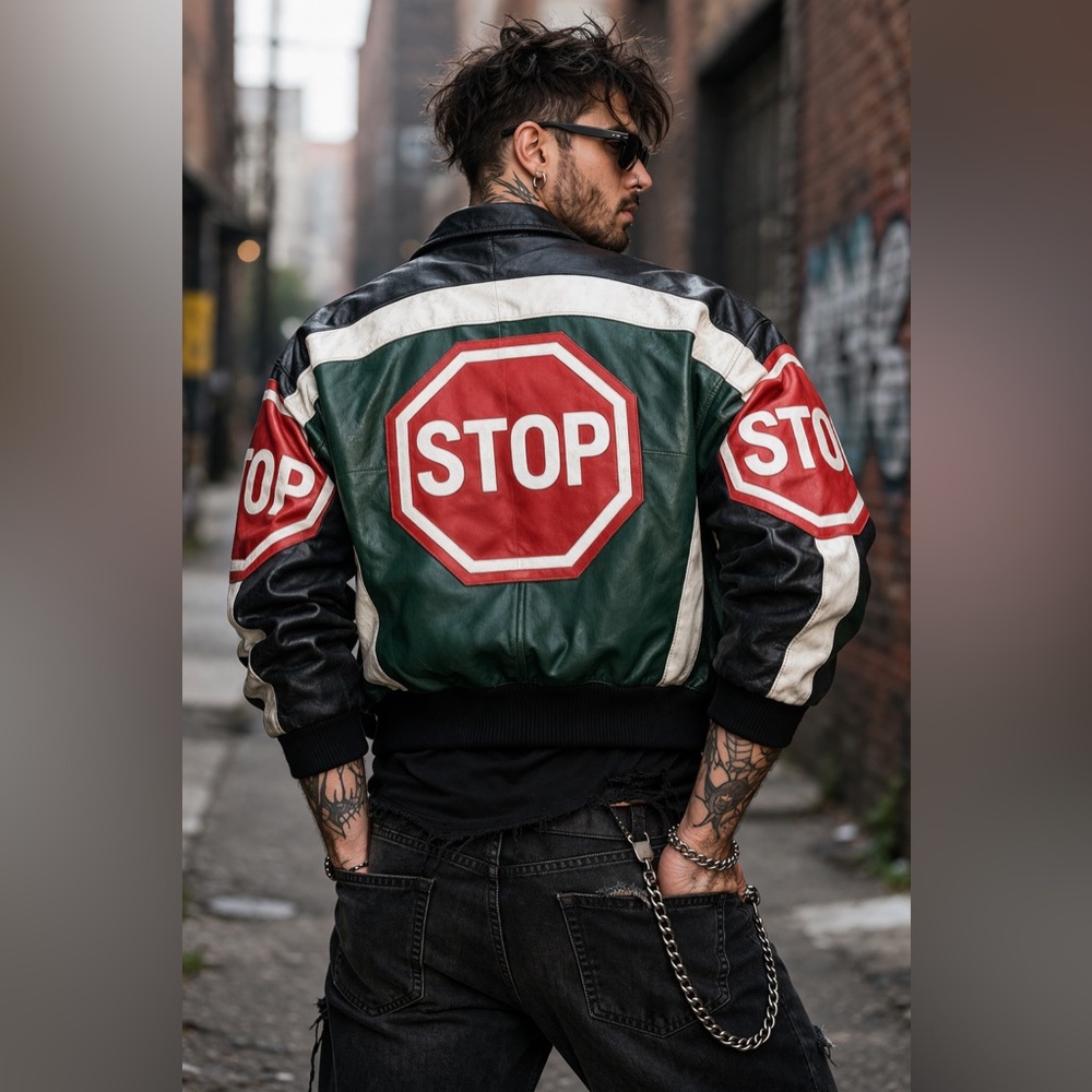 Rare Vintage 80s Phase 2 Leather “STOP Sign” Bomber Jacket